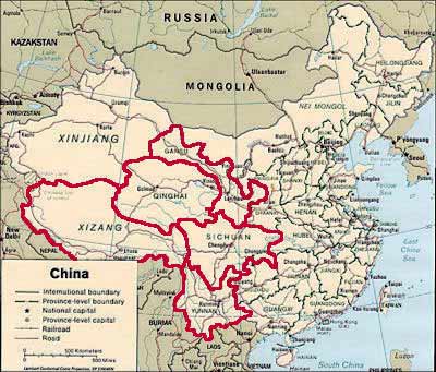 Map of China showing Tibetans areas